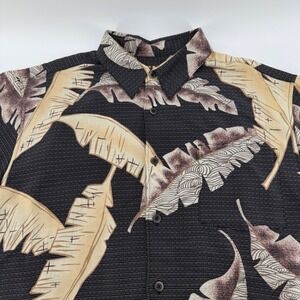 Kahala Mens Black Tropical Banana Leaf Print Short Sleeve Button Down Shirt L